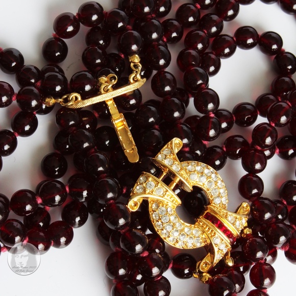 Nolan Miller Necklace Multistrand Red Glass Beads Rhinestones Clasp Vintage 80s - Picture 7 of 10